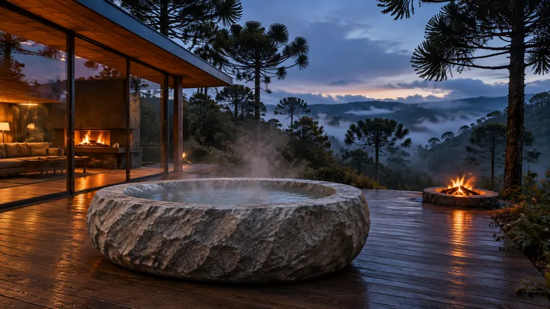 Banheira em pedra cinza no deck à noite, com lareira acesa na casa e fogo de chão